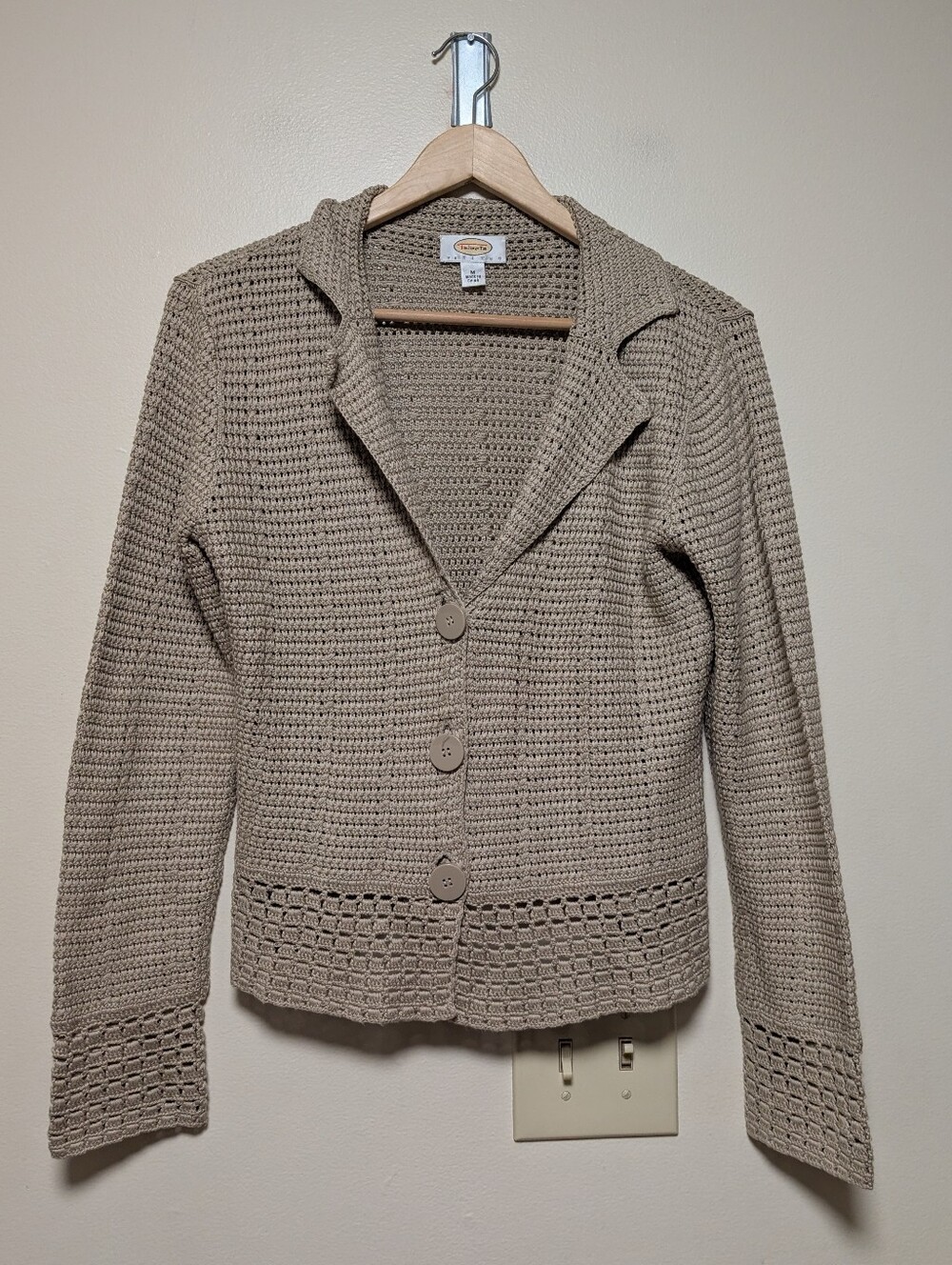 Talbots Petites Silk Cotton Crochet Knit Blazer Cardigan Taupe Medium